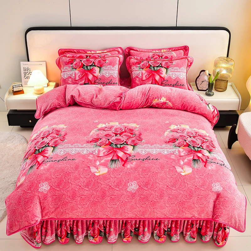 新款A类加厚牛奶绒四件套冬季保暖加绒床单被套简约印花床裙款