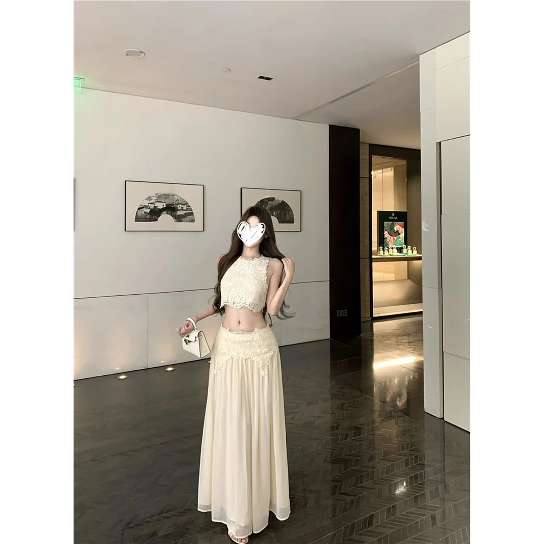 【卢浮幻境】优雅甜美精致睫毛蕾丝上衣+长裙套装女/纽扣/拉链款