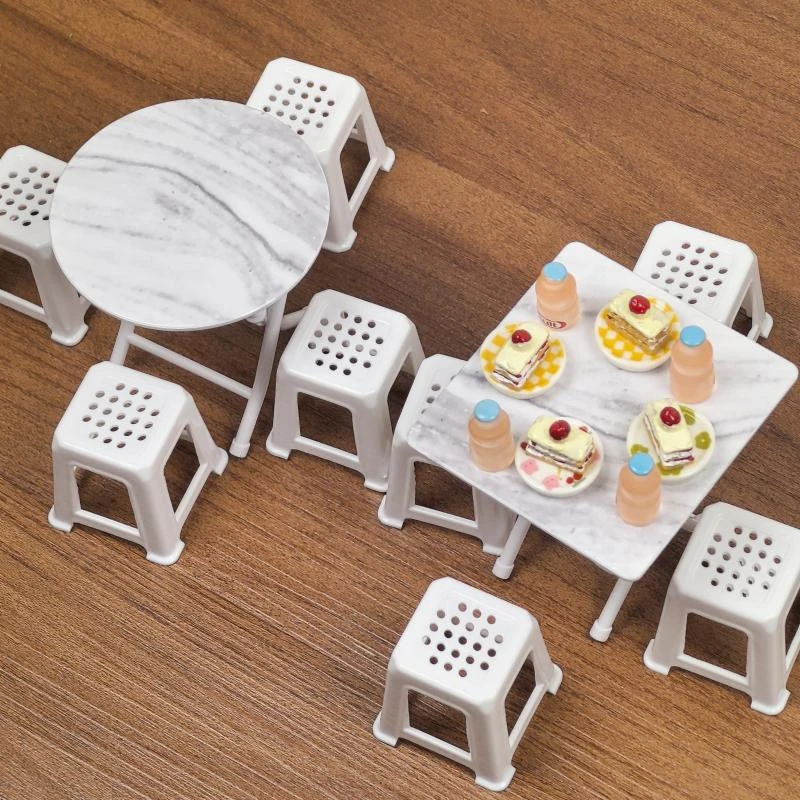 过家家大理石纹折叠桌子小椅子玩具套装微缩仿真厨房1:12道具摆件