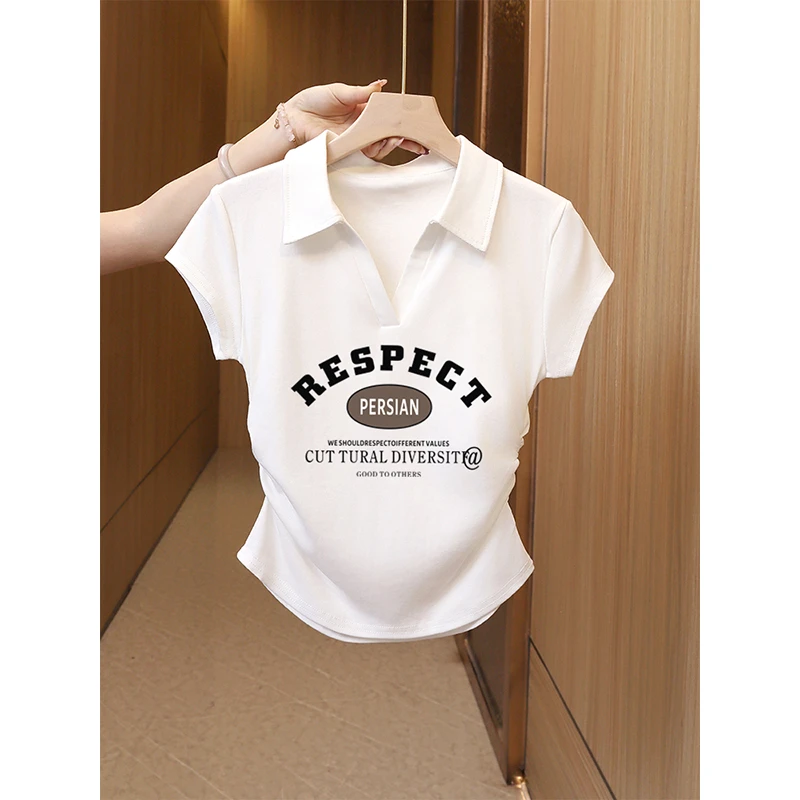 夏季新款正肩短款收腰polo领短袖百搭褶皱显瘦T恤洋气翻领上衣女