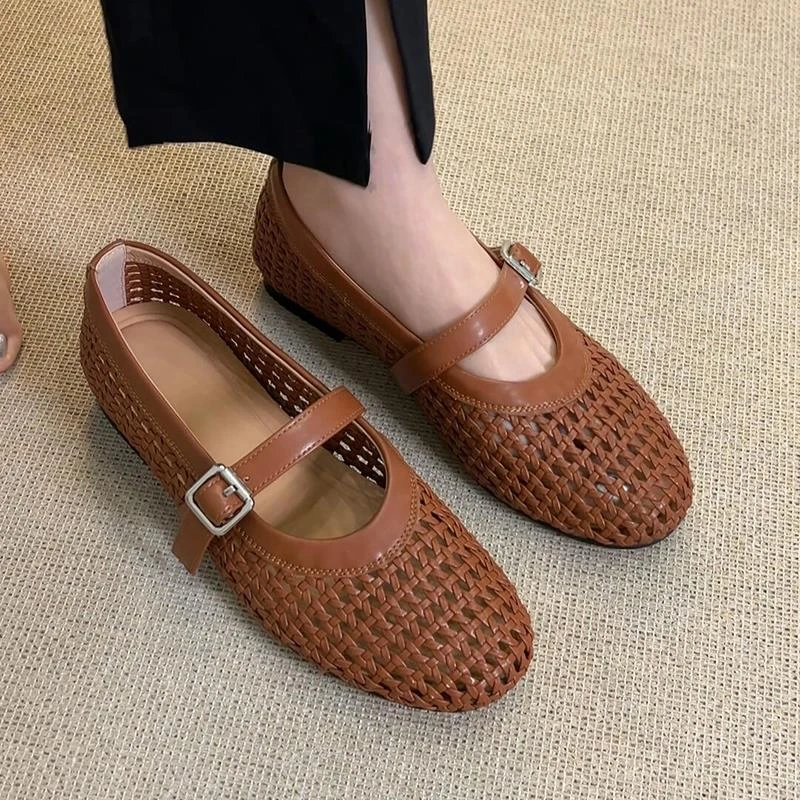 羊皮版~法式复古风编织镂空平底玛丽珍鞋女2025新款圆头软底凉鞋