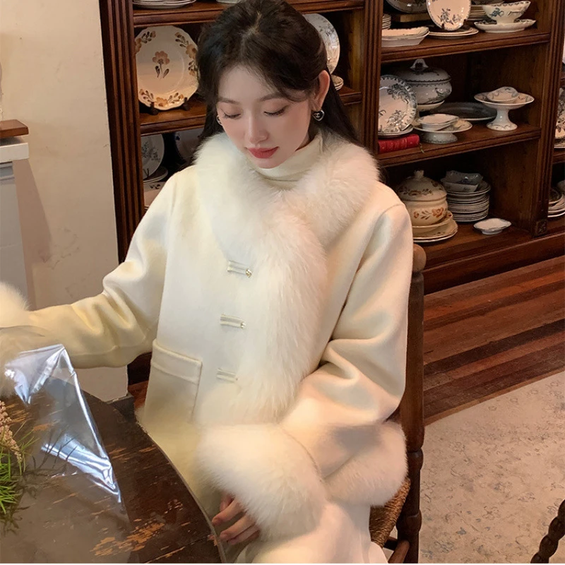 【90白鸭绒内胆】外穿名媛女短款毛呢新中式古风袖口毛领上衣外套