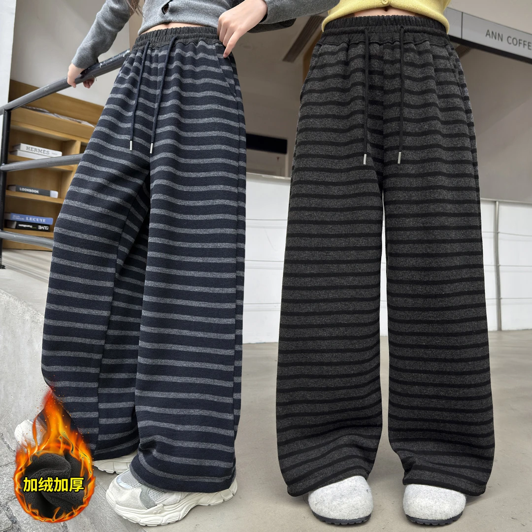 女童糯米条纹直筒裤韩版时尚百搭秋冬加绒宽松阔腿裤松紧腰