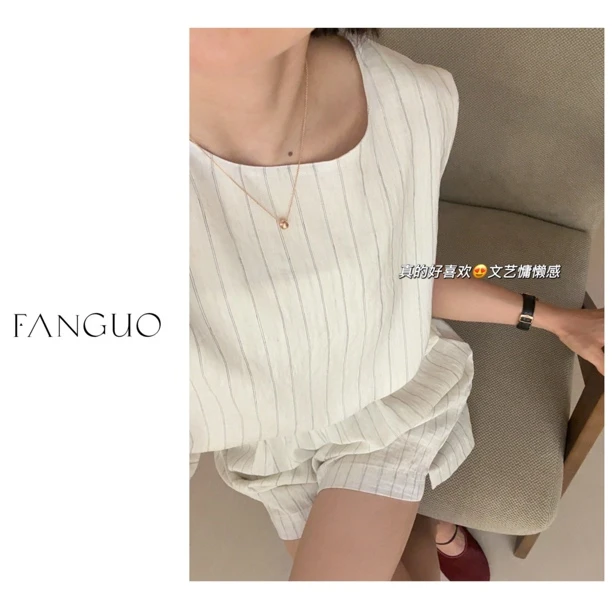 韩国东大门 巨舒服！亚麻慵懒风休闲条纹背心短裤套装女 B2526