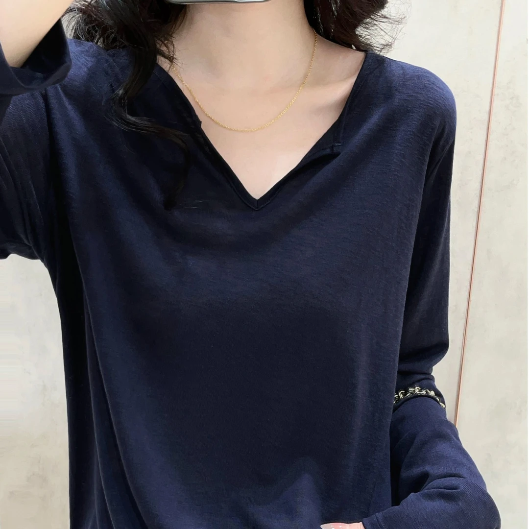 设计感小衫V领长袖T恤女早秋薄款纯色防晒宽松独特洋气衣服女上衣