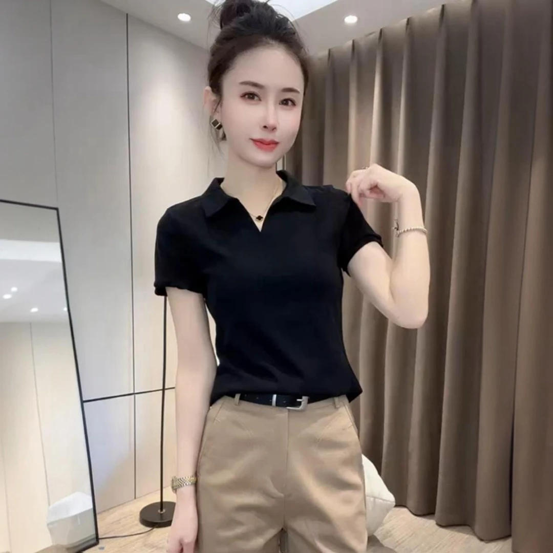 欧货polo领短袖正肩t恤女夏季2025新款简约百搭修身显瘦别致上衣