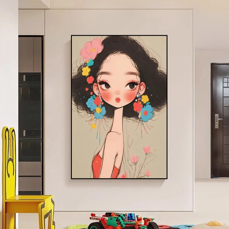 俏皮多巴胺女孩治愈装饰画ins可爱卡通儿童房卧室床头挂画