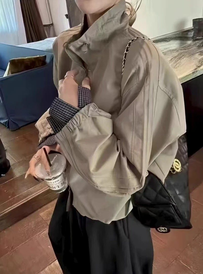 欧洲立领格子拼接棒球服短外套女2025秋季新款时尚百搭夹克上衣潮