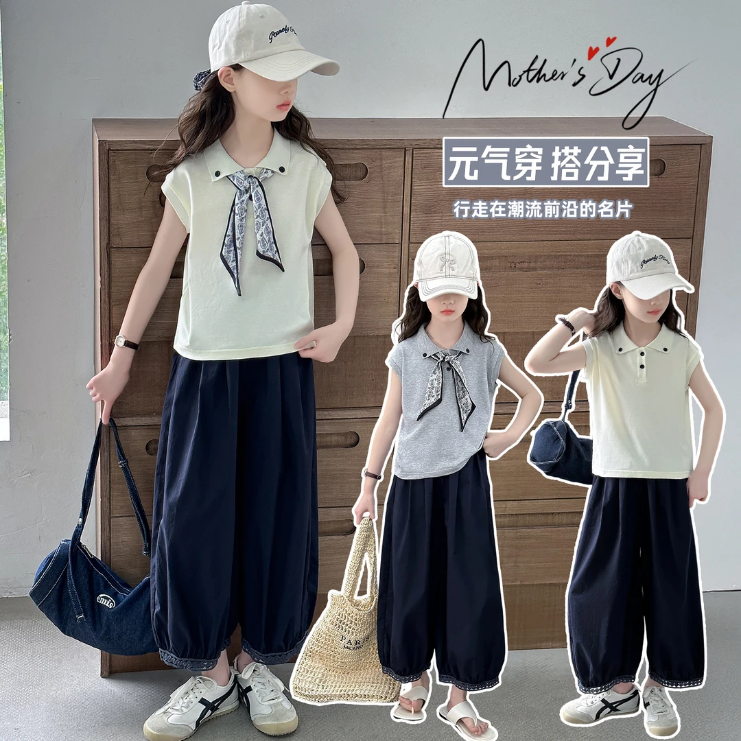 女童丝巾短袖九分裤套装2025新款夏季洋气poloT恤防蚊阔腿裤t