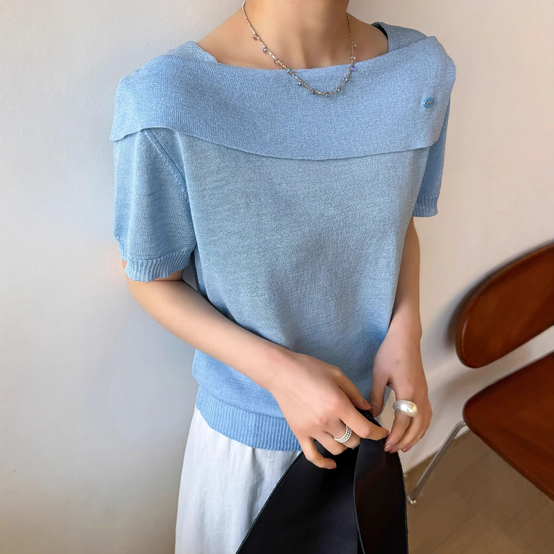 设计感小众宽松显瘦短袖针织衫夏季韩版时尚洋气纯色薄款上衣T恤