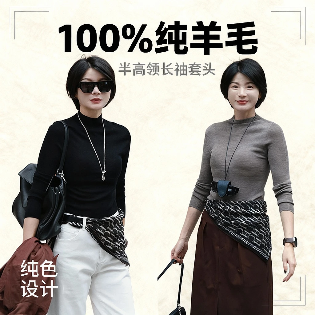 AMYMOORE艾莫尔2025年秋季女装毛衣纯羊毛针织衫长袖半高领780202