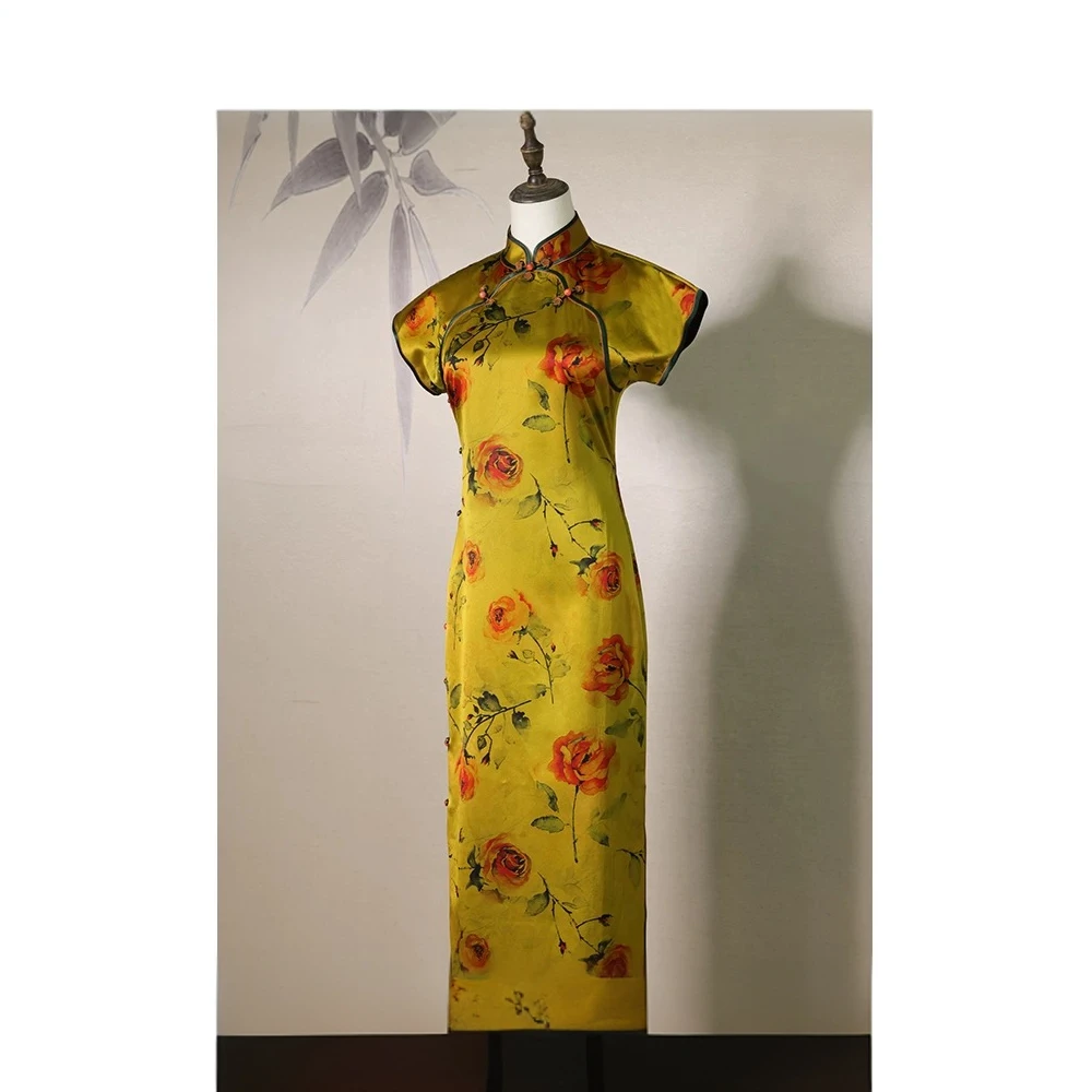 十六梅《瑰画》100%桑蚕丝45姆米湖丝重缎香云纱原创旗袍