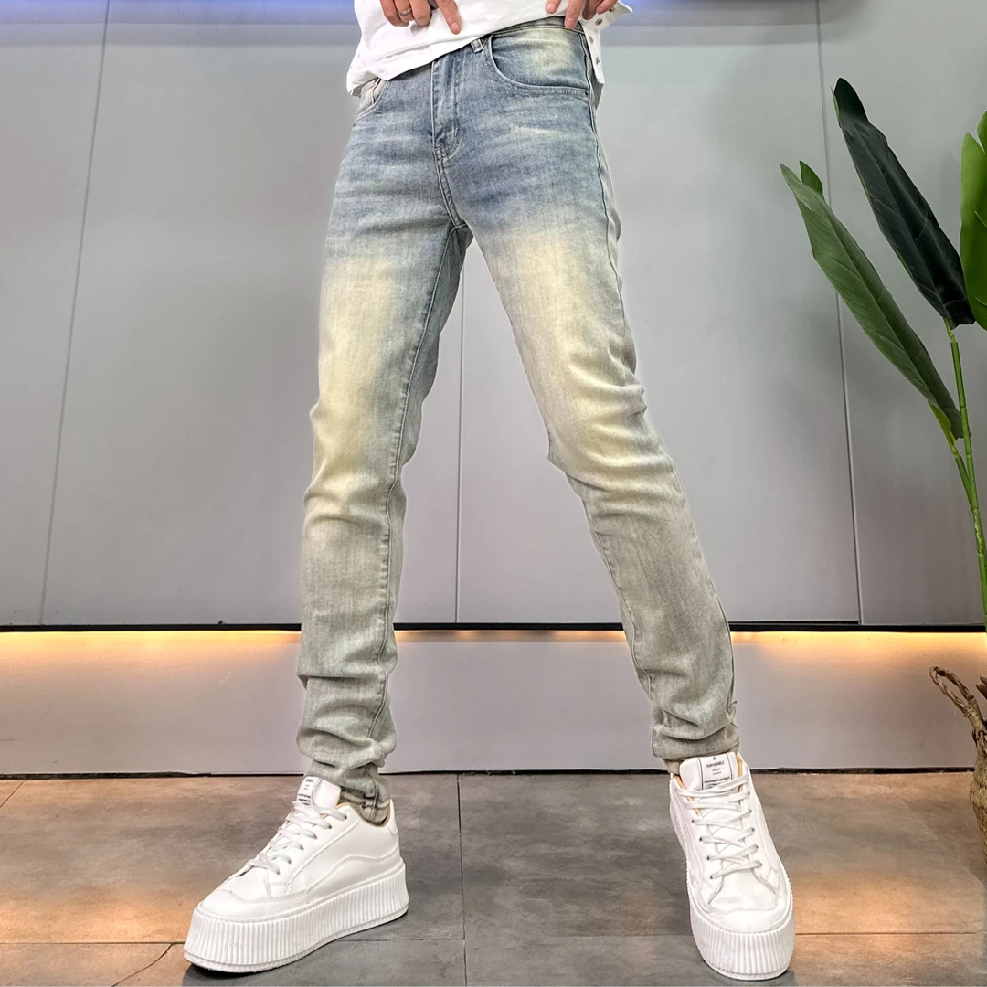春季新款浅色渐变牛仔裤男潮牌弹力修身韩版潮流复古休闲长裤子男