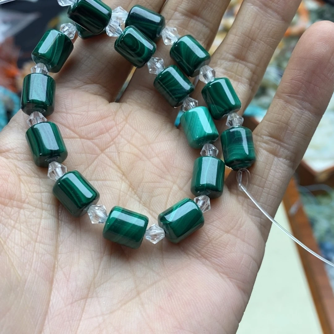 玛瑙/玉髓未镶嵌珠宝半成品两个天然8×10孔雀石光面桶珠