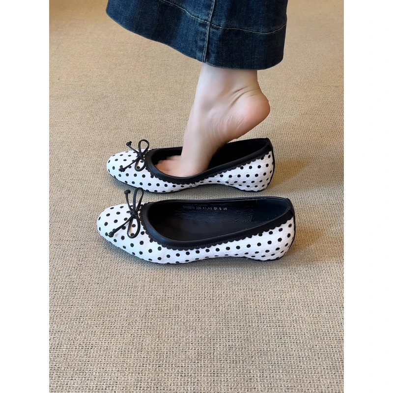 nnmiss·34-39/2.5cm法式甜美撞色蝴蝶结浅口波点一脚蹬低跟小单鞋