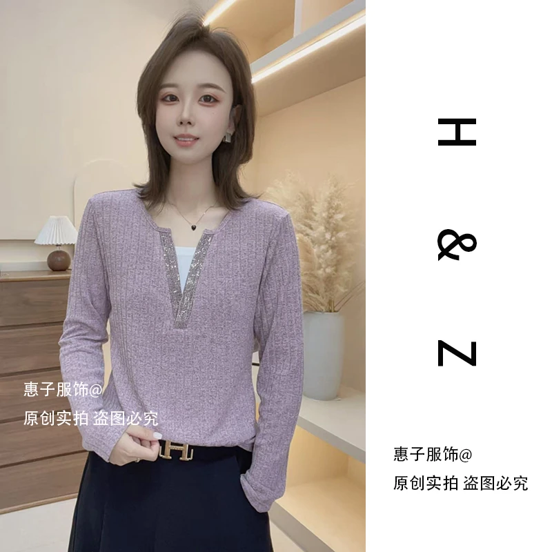 【惠子服饰】2025新款假两件烫钻V领重工正肩长袖女显瘦遮肉上衣
