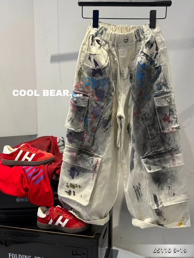 【蒙蒙潮童2025秋】中大童喷漆扎染设计感废土潮酷牛仔裤男女童裤子