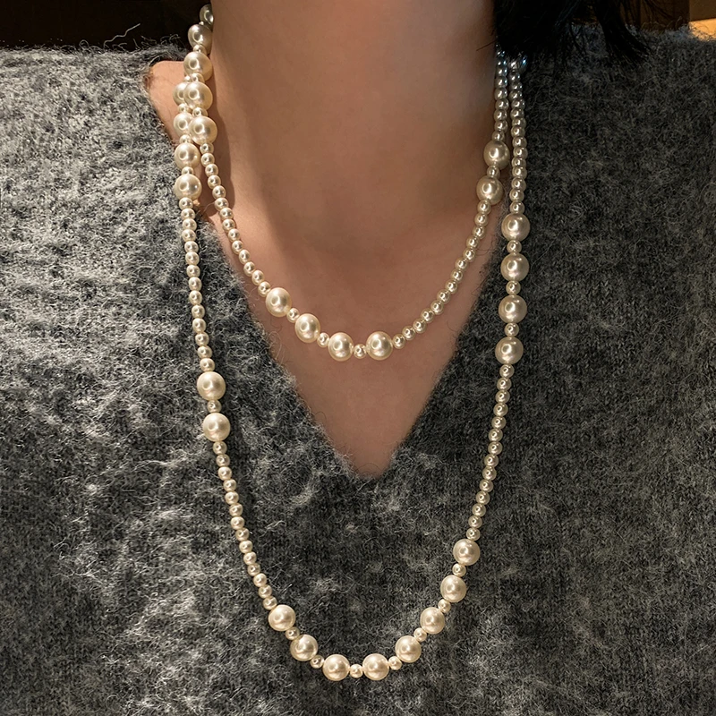 铜仿珍珠项链 秋冬长款多层叠戴珍珠项链女大气高档高级感毛衣链