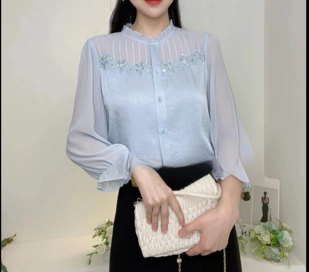 2561新款七分袖衬衫设计洋气百搭女士上衣休闲衬衣1