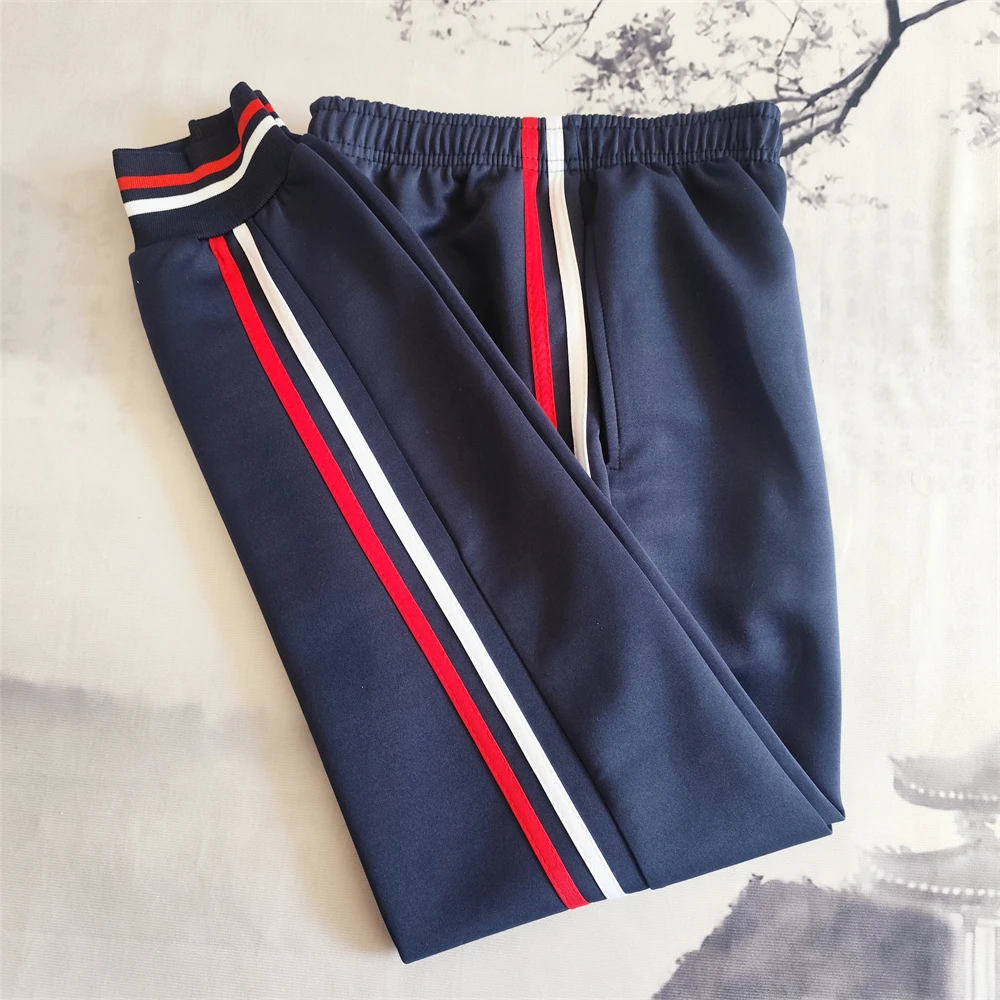 校服裤子两条杠藏蓝色白红边宽松系带中小学生运动裤白红螺纹束脚