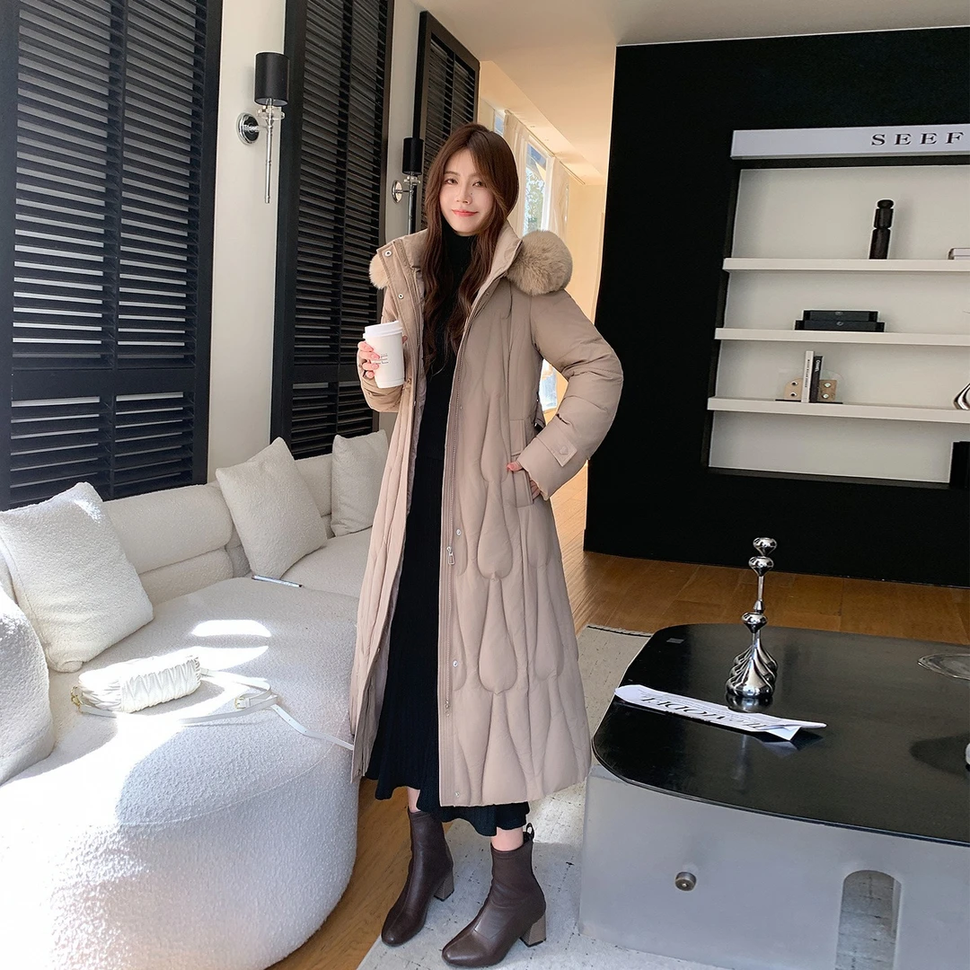 大毛领棉衣女长款2025冬季修身韩版加厚洋气高级感过膝chic外套潮