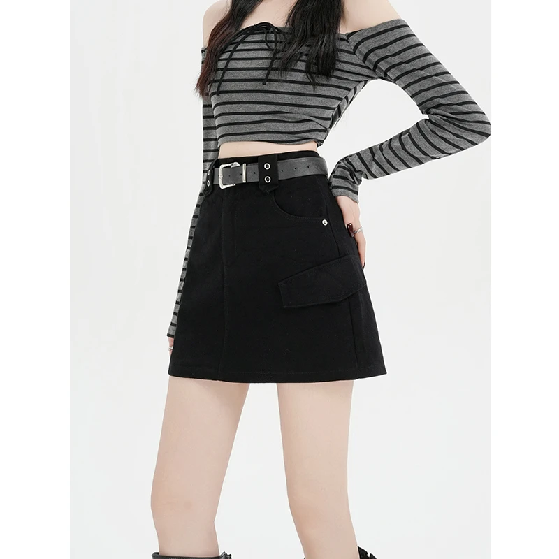 耶古复古黑色多口袋工装裙女秋冬季高腰a字短裙小个子加厚半身裙