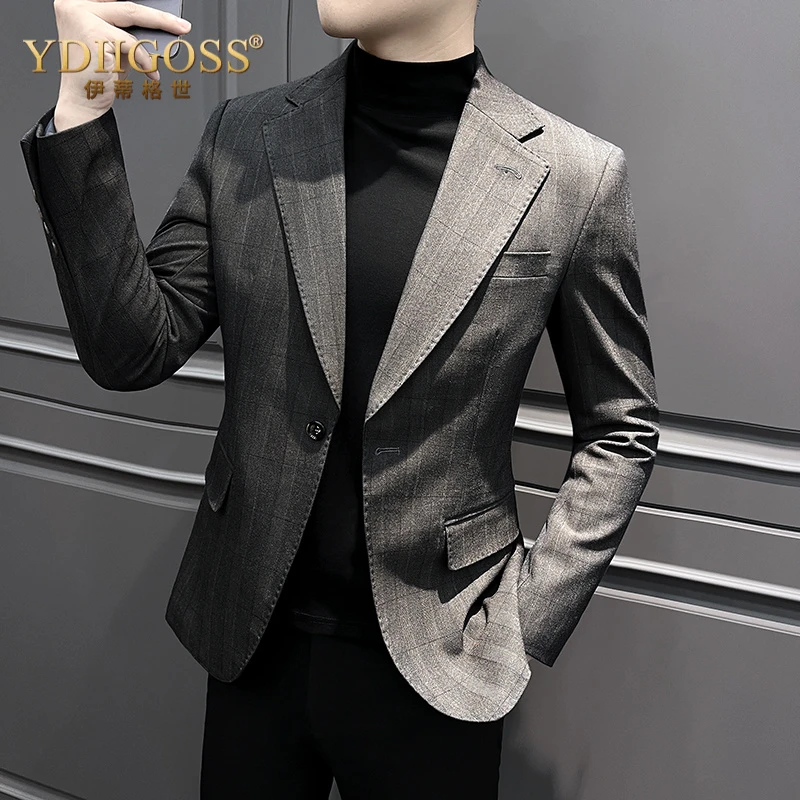 YDIIGOSS格子西装外套男春秋季2025新款商务正装单西高级感休闲小