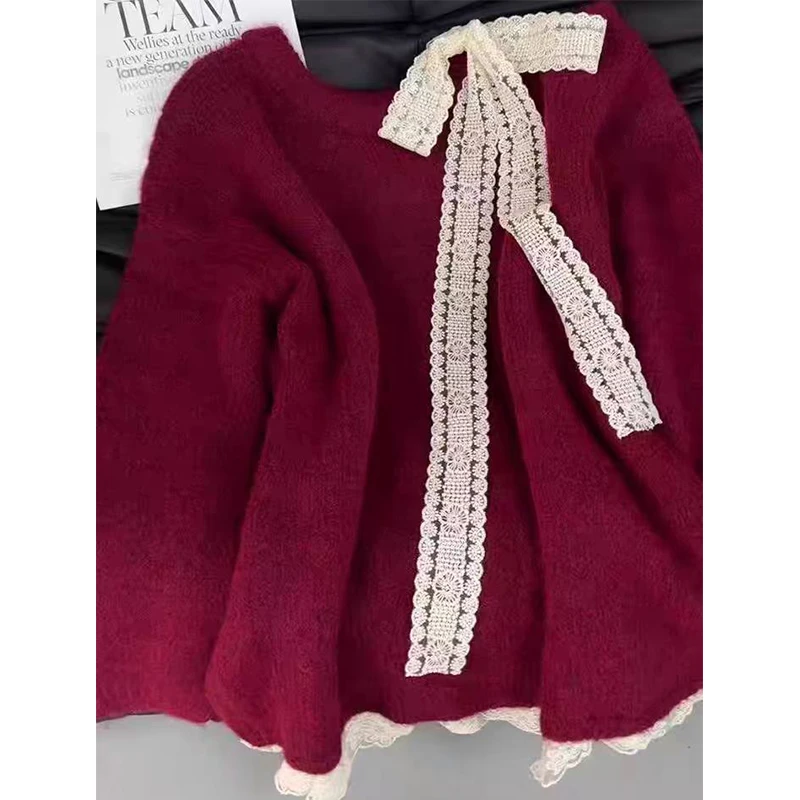 新年红色蝴蝶结绑带露肩毛衣女春秋宽松慵懒风套头休闲百搭针织衫