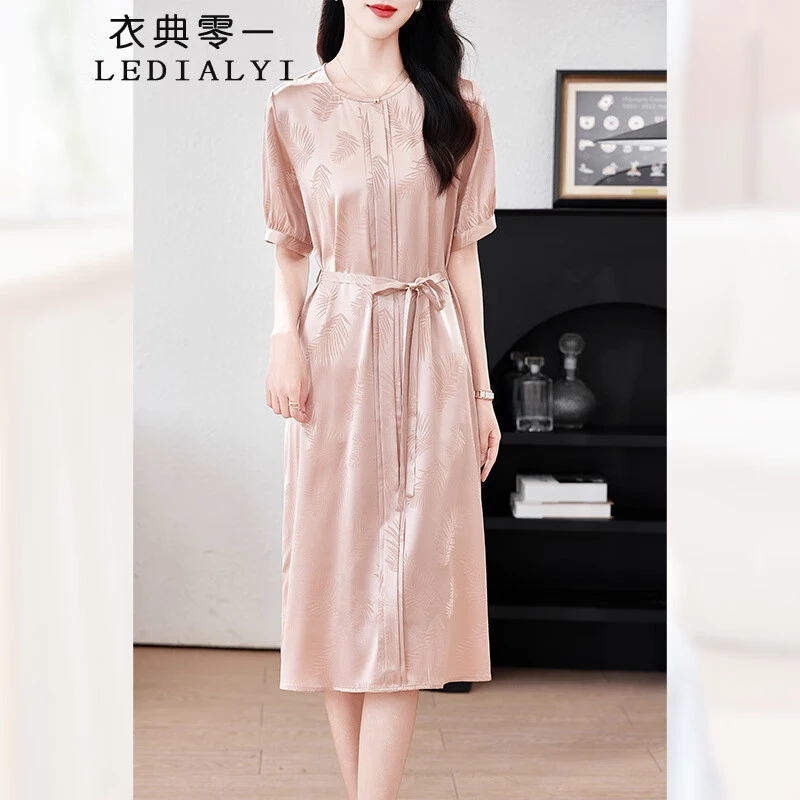 高端桑波段重磅真丝连衣裙女2025夏装新款气质短袖桑蚕丝提花裙子