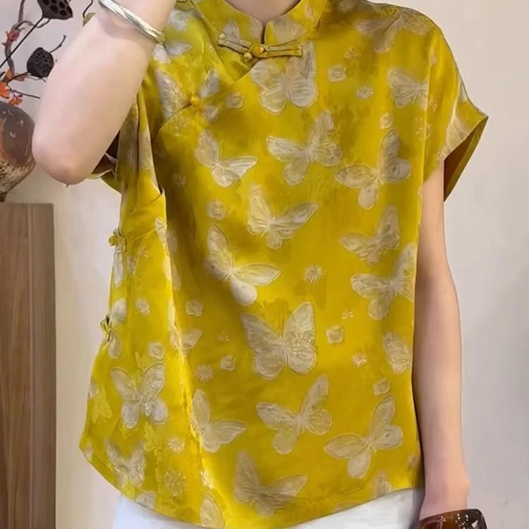 黄色新中式大码国风外搭显瘦上衣女夏季高级百搭气质短袖旗袍上衣
