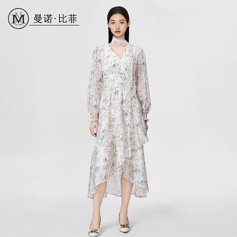 【小朱专享】碎花v领不规则连衣裙MFEL112242