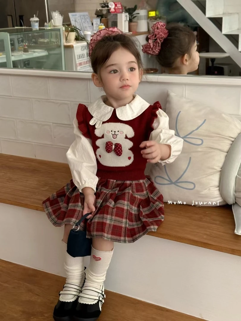 秋季法式波点学院风春秋女套装百褶童装半身裙小童