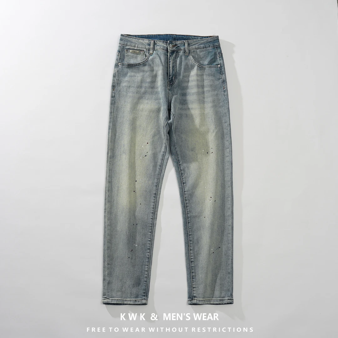 春夏季薄款牛仔裤男款宽松直筒字母印花复古长裤漆点显瘦男生裤子