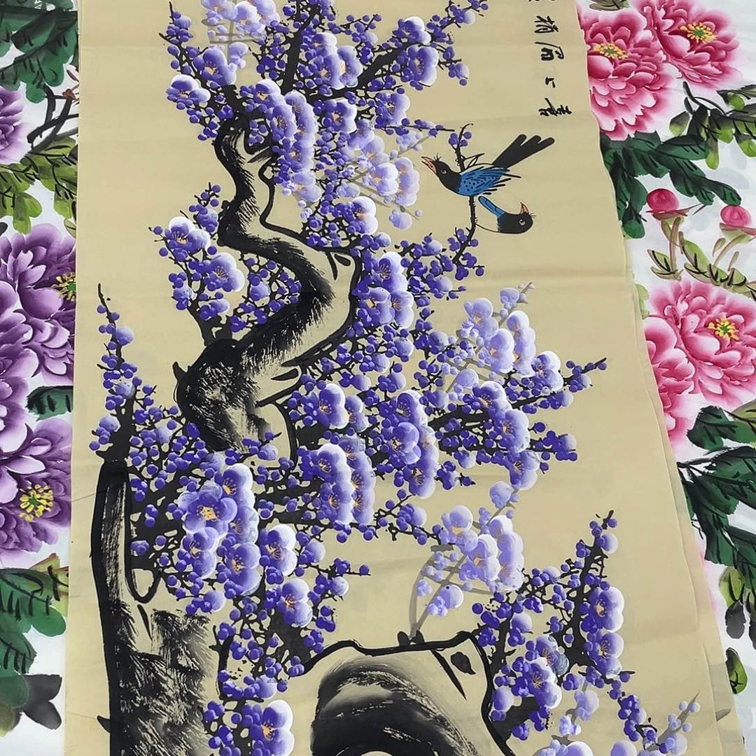 国画国画作品书法作品原稿紫色梅花横幅