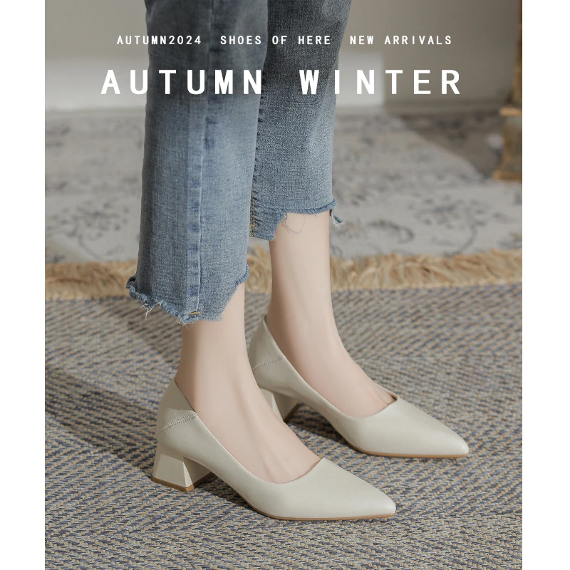 中跟防水台气质女士女款尖头单鞋女粗跟新款浅口站久不累粗跟鞋