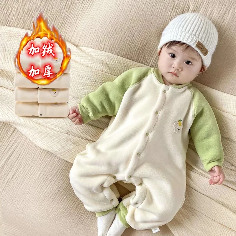 婴儿秋冬加绒加厚连体衣宝宝保暖长袖哈衣新生幼儿外套外出服03月