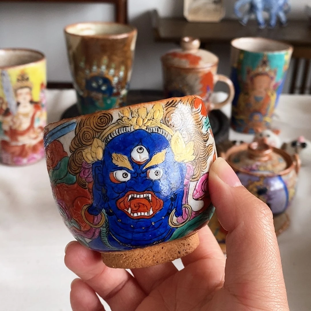 手工手绘不动明王茶杯