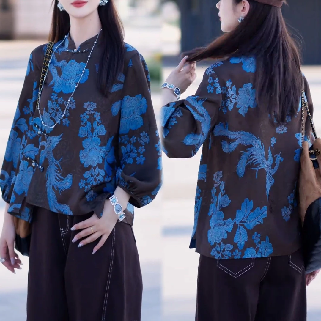 新中式小众时髦印花长袖设计感上衣2025秋季女士时尚洋气国风小衫