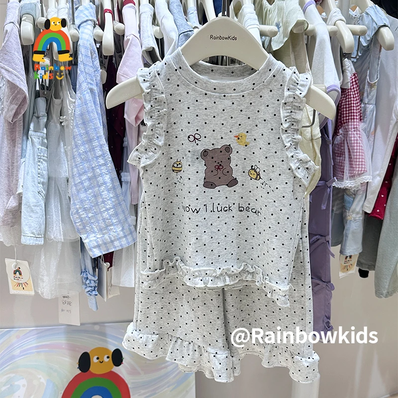 【彩虹家】2025夏款韩系花灰色百搭休闲小熊套装-88185