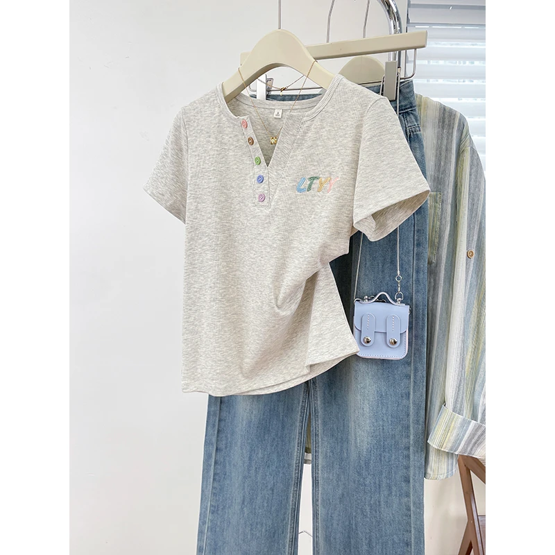 气质V领撞色字母刺绣短袖韩系正肩百搭女装上衣服正肩短袖t恤女