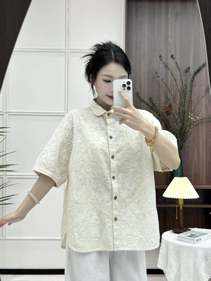 （HUAISHU）2025森系休闲百搭polo翻领短袖上衣女宽松时尚镂空衬衣