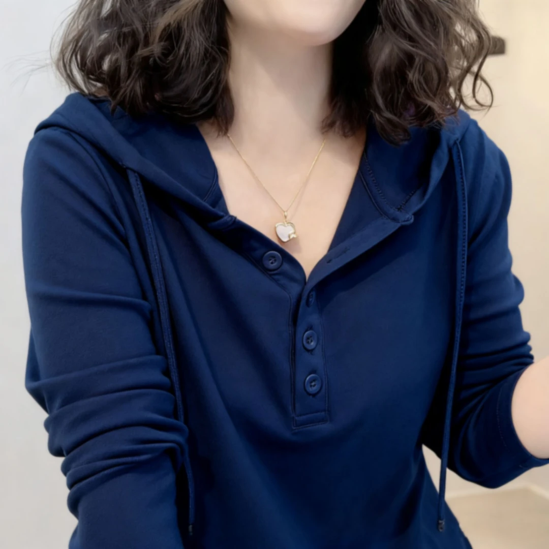 秋季连帽T恤卫衣女新款宽松显气质纯色百搭洋气休闲设计感上衣潮