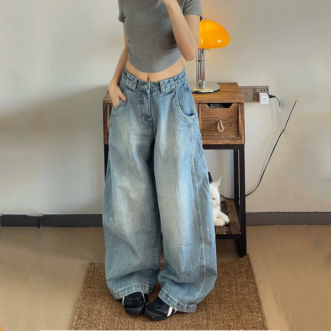 BINXLAN竹节宽松弯刀牛仔裤男女美式复古水洗阔腿新款休闲弯刀裤