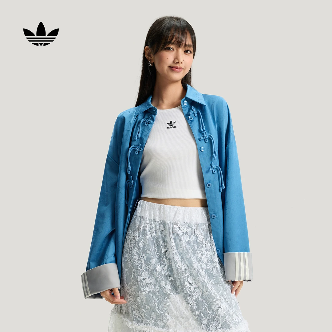 流光风 阿迪达斯三叶草 新中式提花休闲宽松运动夹克外套女KW1996