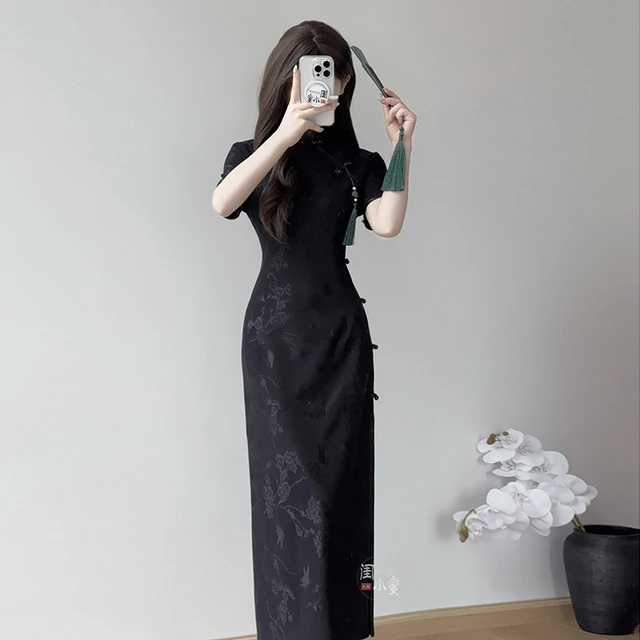 黑色古法旗袍少女新中式高端气质提花连衣裙2025新款夏季复古绝美