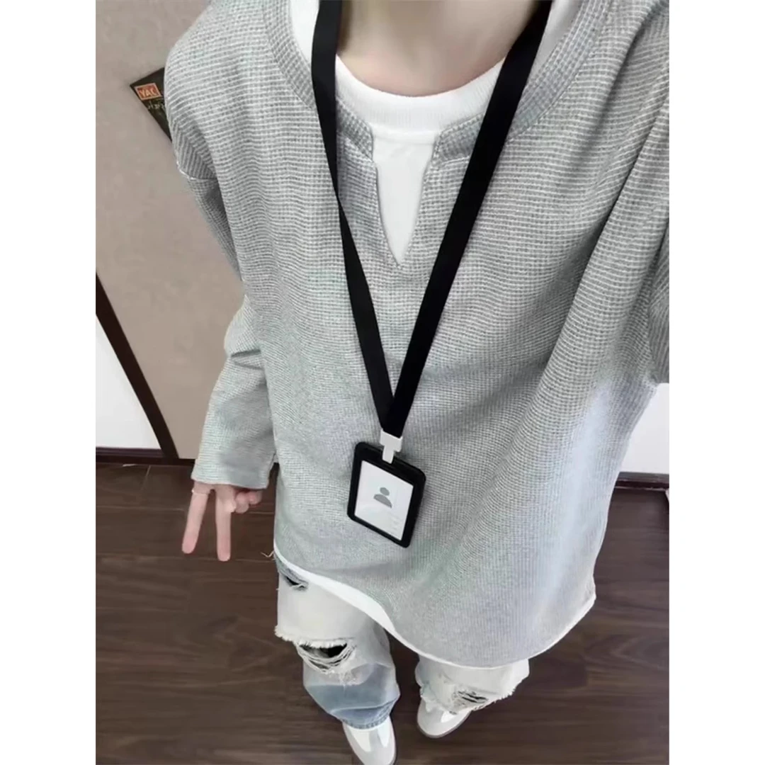 灰色假两件长袖T恤男春秋美式潮牌重磅卫衣华夫格硬挺内搭打底衫