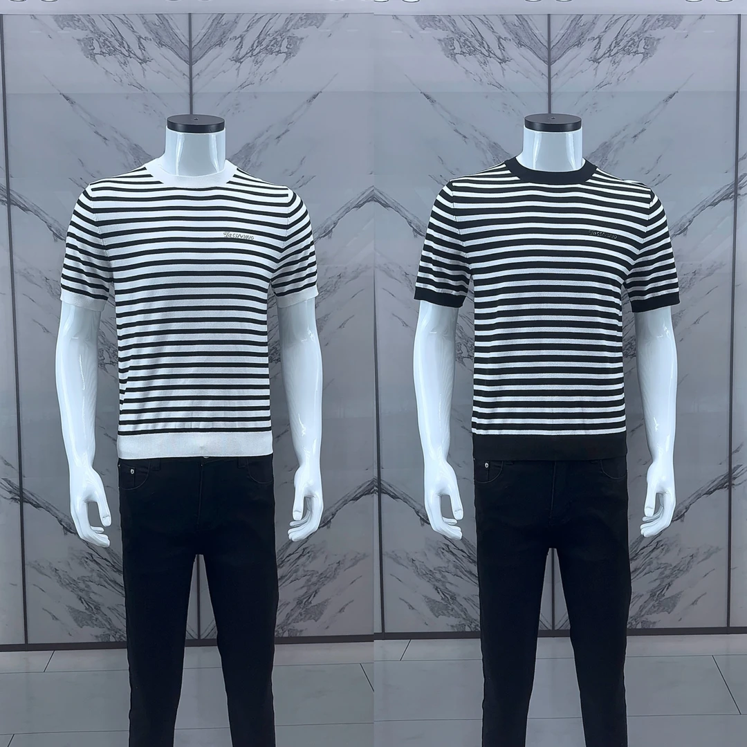 2025夏季欧洲站潮流条纹男士冰丝欧货潮牌休闲百搭提花圆领T恤衫