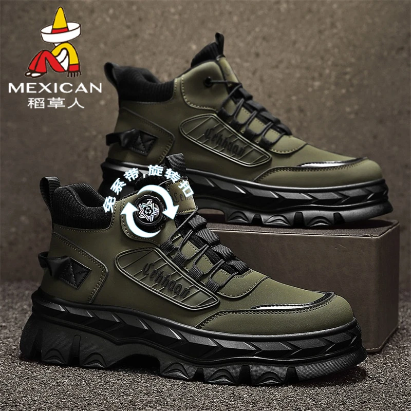 稻草人鞋子男款秋冬季加绒高帮休闲马丁靴旋转纽扣厚底防滑工装鞋