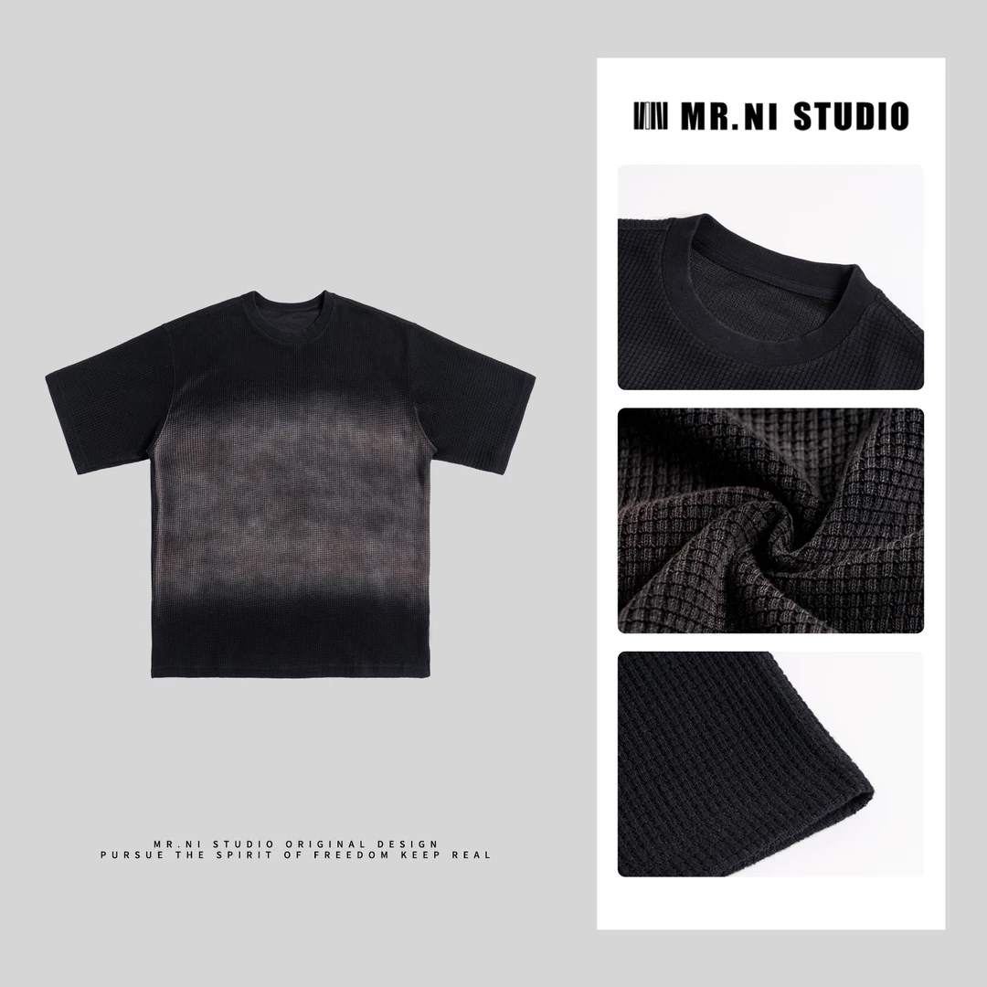 MR.NI/倪先生「高织」慵懒随性洗水做旧编织肌理质感华夫格短袖T恤