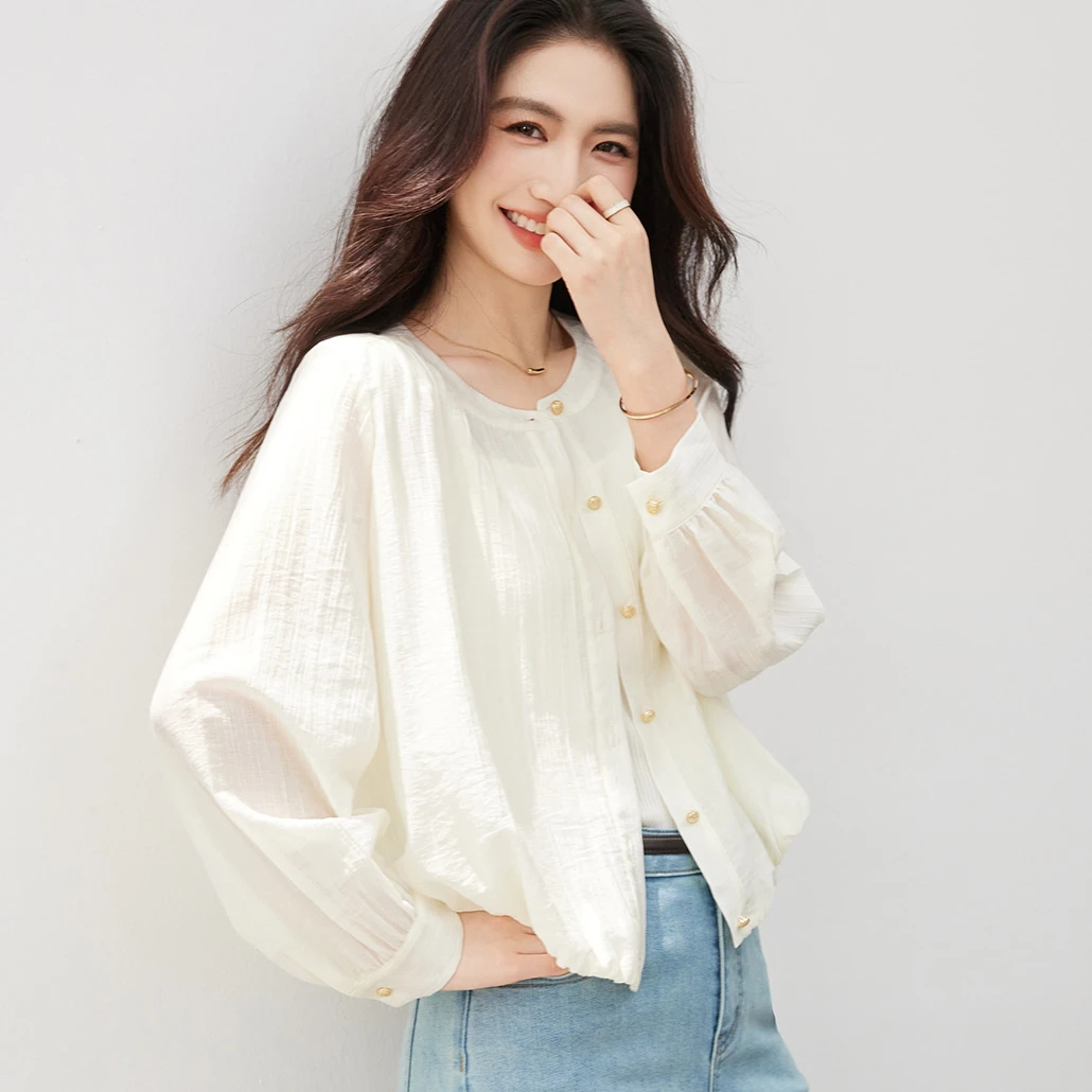 秋季新款质感轻薄外套女简约圆领时尚百搭肌理感宽松显瘦上衣百搭